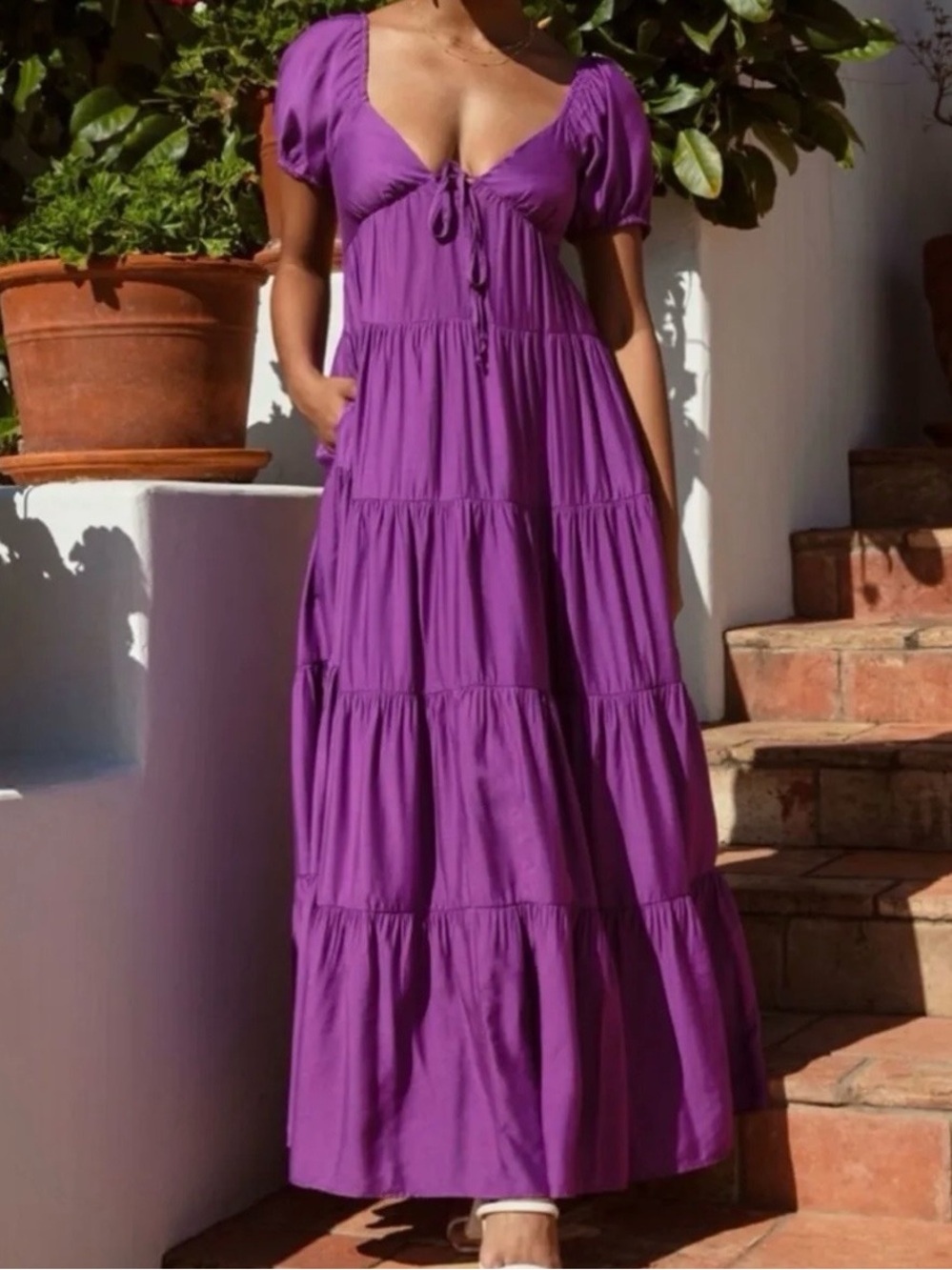 Women's Purple Tiered Maxi Dress with Puff Sleeves
